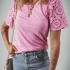 Women's Pink Eyelet Embroidery Scalloped Sleeve Round Neck T-Shirt - Image 3