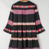 Women's Black Ethnic Print Buttoned V Neck Bell Sleeve Ruffle Patchwork Dress - Image 3