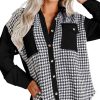 Women's Black Houndstooth Corduroy Patchwork Flap Pocket Shacket - Image 6