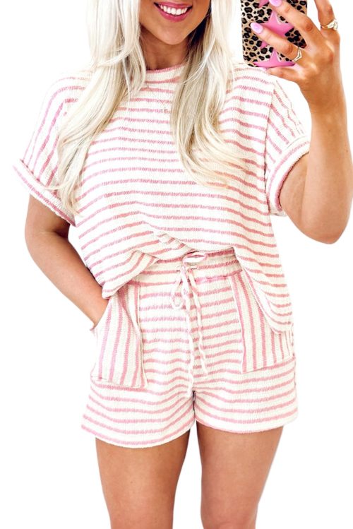 Chic Pink Stripe Knitted Short Sleeve Top and Drawstring Shorts Set for Women