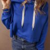 Women's Dark Blue Drop Shoulder Cropped Hoodie with Drawstring - Image 3