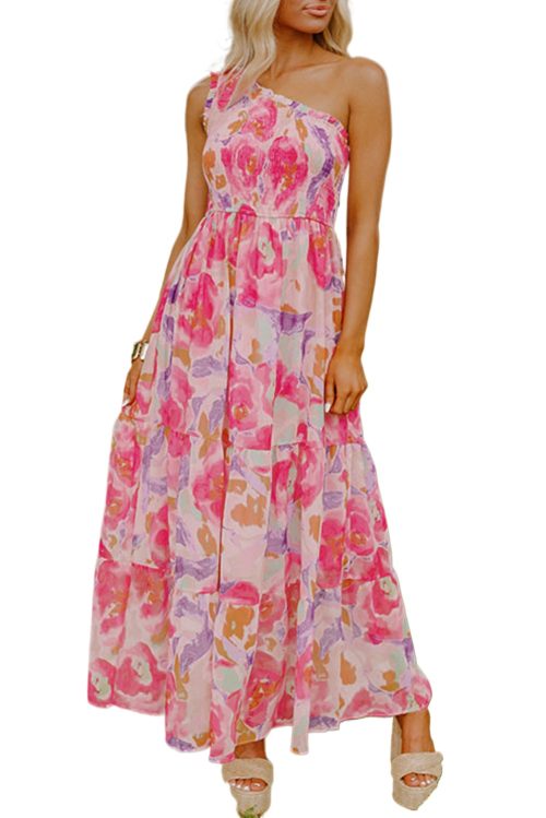 Women's Pink Abstract Floral Print Shirred One Shoulder Maxi Dress for Summer