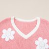 Women's Pink Floral V Neck Dropped Shoulder Sweater - Image 6