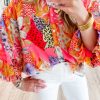 Women's Red Abstract Floral Print Buttoned Ruffled Bubble Sleeve Shirt - Image 3