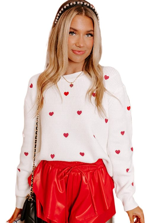 Women's White Heart Shape Drop Shoulder Round Neck Sweater - Festive and Casual