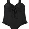 Chic Black Plus Size Textured Knotted Ruffled Trim One Piece Swimwear for Women - Image 31