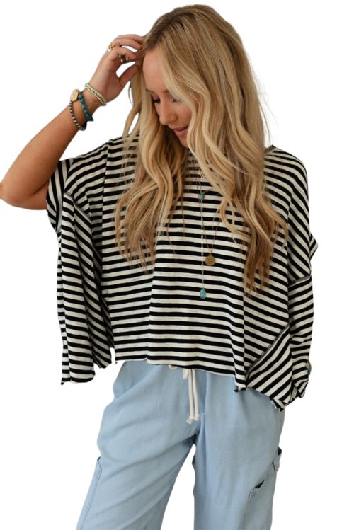 Women's Black Stripe Batwing Sleeve Oversized Crewneck Top - Trendy Casual Wear