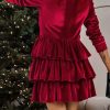 Women's Racing Red Velvet High Neck Tiered Ruffle Mini Dress for Elegant Nights - Image 2