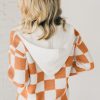 Women's Gold Flame Checkered Split Neck Contrast Kangaroo Pocket Hooded Sweater - Image 3