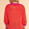 Chic Women's Rose Stripe 3/4 Puff Sleeve Drop Shoulder Sweater - Image 2