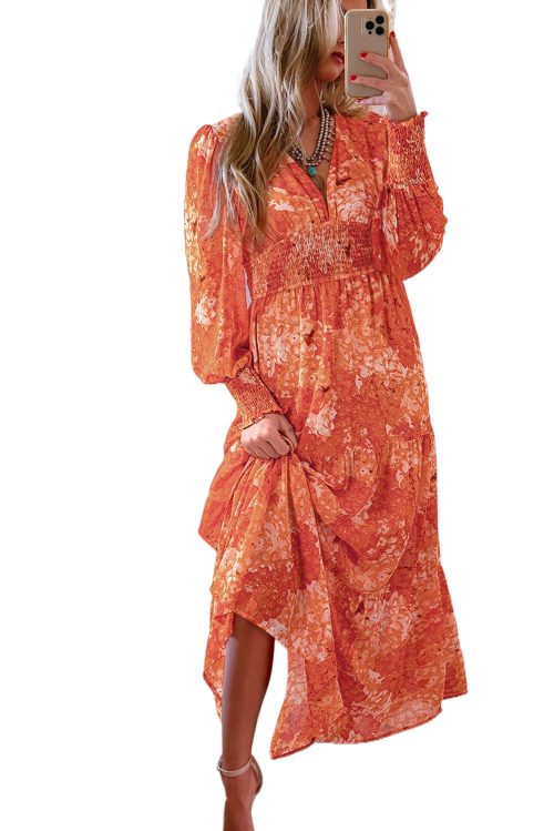 Women's Orange Boho Floral Bishop Sleeve V Neck Tiered Maxi Dress