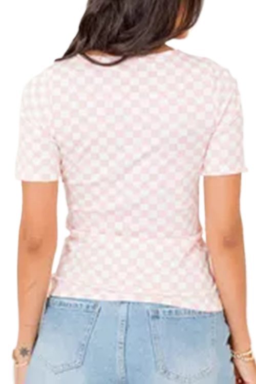 Women's Pink Checkered Ribbed Slim Fit Crew Neck T-Shirt for Casual Wear