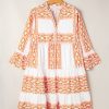 Women's Orange Geometric Print Ruffle Tiered Mini Dress with V Neck - Image 6