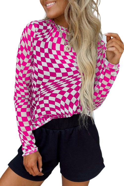 Women's Rose Checkered Pattern Mesh Mock Neck Long Sleeve Top - Stylish & Versatile