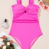 Bright Pink Backless One Piece Swimsuit with Cut-Out Twist Bowknot Detail - Image 3