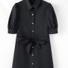 Chic Women's Black Button Up Mini Dress with Tie Waist and Puff Sleeves - Image 7