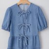 Women's Dusk Blue Tied Front Bubble Sleeve Peplum Denim Shirt - Image 3