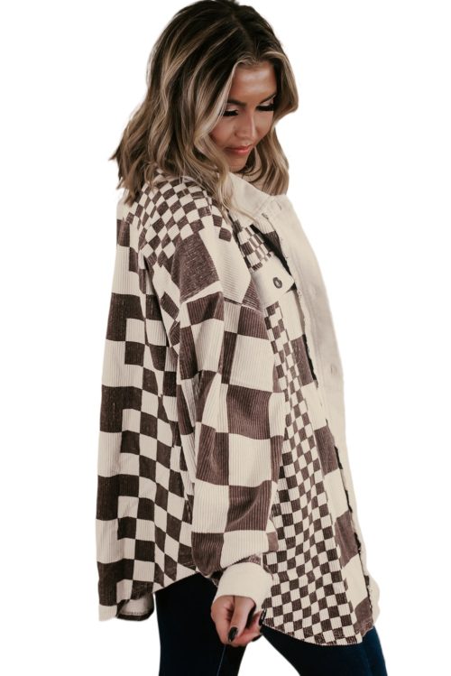 Plus Size Brown Color Block Checkered Print Corduroy Shacket