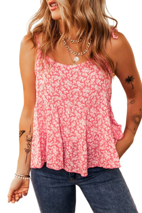 Women's Red Floral Adjustable Straps Babydoll Tank Top - Stylish and Comfortable