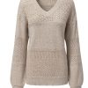 Women's Brown Eyelet Pattern V Neck Drop Shoulder Sweater - Casual Chic for Fall - Image 30