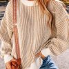 Women's Chestnut Striped Textured Knit Contrast Edge Loose Sweater - Image 6