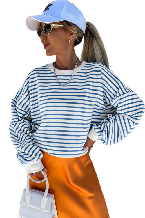 Women's Blue Stripe Crew Neck Loose Fit Sweatshirt