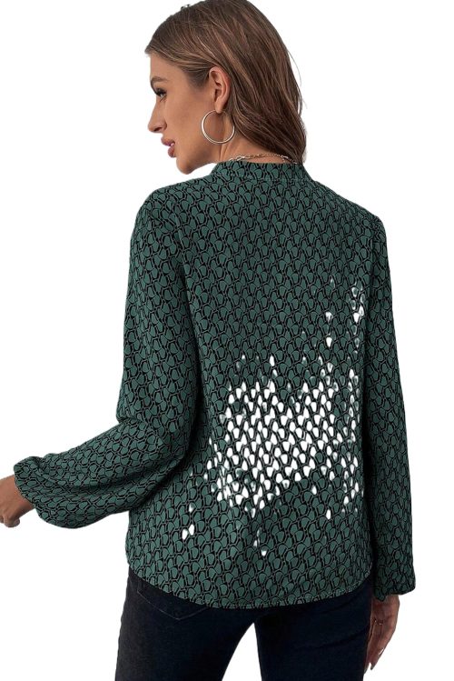 Women's Elegant Green Geometric Print Puff Sleeve Blouse with Notched Neck