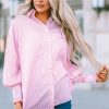 Women's Pink Oversized Striped Boyfriend Shirt with Smocked Cuffs and Pocket - Image 10