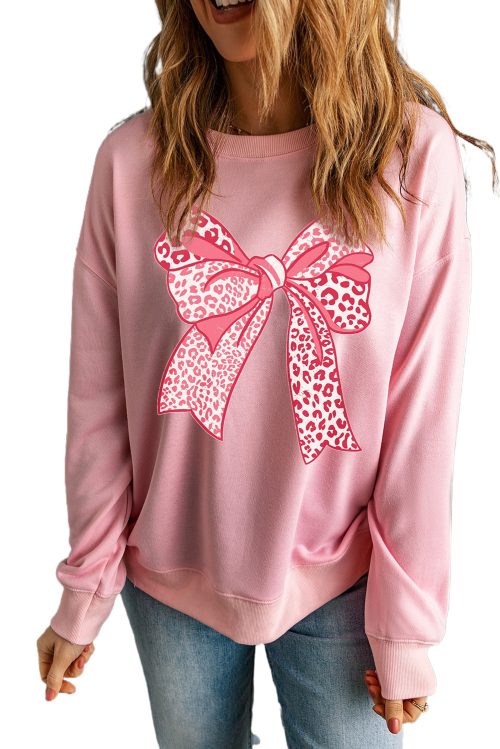 Women's Pink Leopard Bowknot Printed Crewneck Sweatshirt