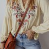 Women's Apricot Paisley Floral Embroidered Notch V Neck Blouse - Image 3