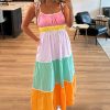 Women's Multicolor Colorblock High Waist Flowing Maxi Dress with Pockets - Image 6