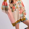 Women's Multicolour Waffle Knit Plaid Patchwork Sweatshirt with Side Slits - Image 5