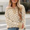 Women's Apricot Checkered Buttoned Collar V Neck Drop Shoulder Sweater - Image 5