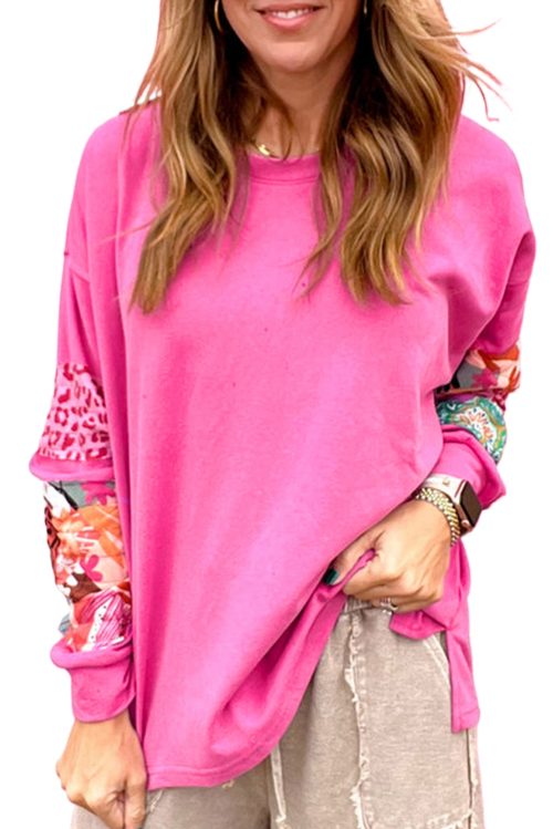 Women's Sachet Pink Mixed Print Patch Drop Shoulder Pullover Top for Casual Style
