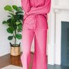 Bonbon Pink Textured V Neck Top and Wide Leg Pants Set for Women - Image 5