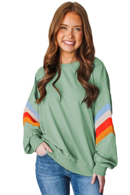 Women's Moonlight Jade Rainbow Striped Sleeve Crew Neck Loose Fit Sweatshirt