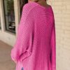 Women's Rose Red Waffle Knit V Neck Loose Fit Top with Side Slits - Image 2