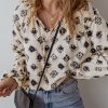 Women's White Bubble Sleeve Split Neck Printed Blouse - Image 7