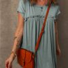 Women's Mist Green Frilled Gathered Seam Round Neck T-Shirt Dress with Pockets - Image 8