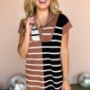 Women's Black Stripe Color Block Quarter Zip Collar Short Sleeve Sweater Dress - Image 5