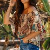 Women's Apricot Paisley Printed Off Shoulder Blouse with Ruffled Draped Sleeves - Image 3