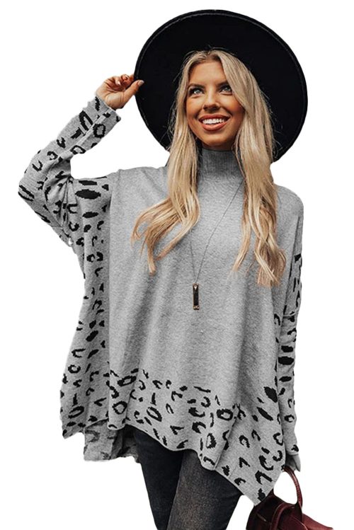 Women's Gray Leopard High Neck Oversized Side Slit Sweater