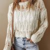 Women's White Cut Out Crochet Crew Neck Loose Fit Sweater - Image 3