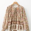 Women's Yellow Floral Print Tie Neck Blouse with Lantern Sleeves - Image 8