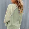 Women's Meadow Mist Green Waffle Knit Patchwork Raglan Top with Wide Bracelet Sleeves - Image 2