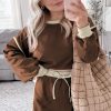 Fashionable Coffee Color Contrast Loose Pullover and Lace-Up Waist Skort Set for Women - Image 2