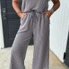 Women's Wild Wind Solid Corded Knit Short Sleeve T-Shirt and Wide Leg Pants Set - Image 3