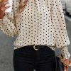 Women's Elegant Apricot Polka Dot Print Blouse with Frilled Collar and Lantern Sleeves - Image 4