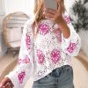 Women's White Contrast Floral Print Eyelet Drop Shoulder Sweater - Image 6