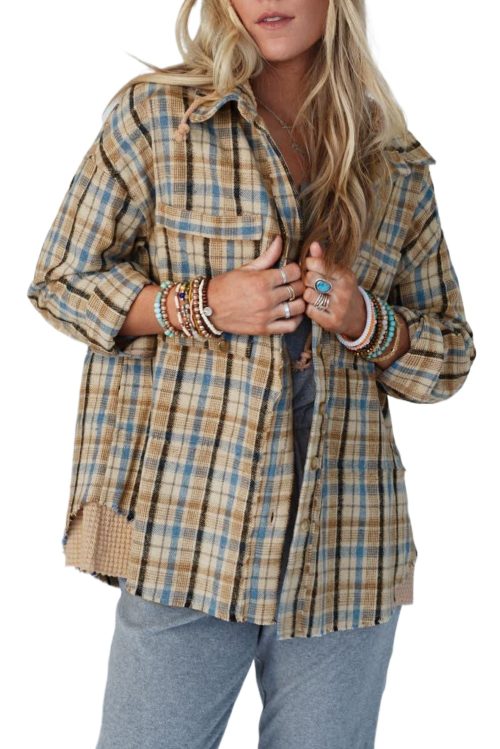 Women's Ashleigh Blue Waffle Knit Patchwork Hooded Plaid Shacket